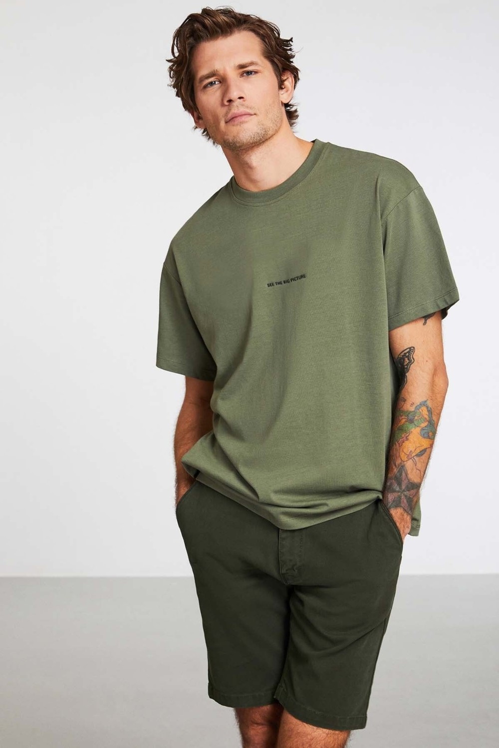 Grimelange Rıver Erkek Nakış Işlemeli Oversize %100 Organik Pamuk Örme Haki T-shirt görsel 4