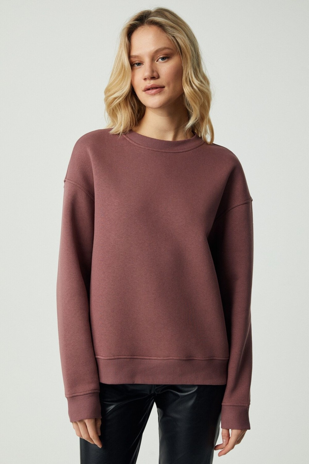 Grimelange Vaneltına Kadın Içi Polarlı 3 Iplik Organik Pamuk Oversize Basic Bisiklet Yaka Siyah Sweatshirt
