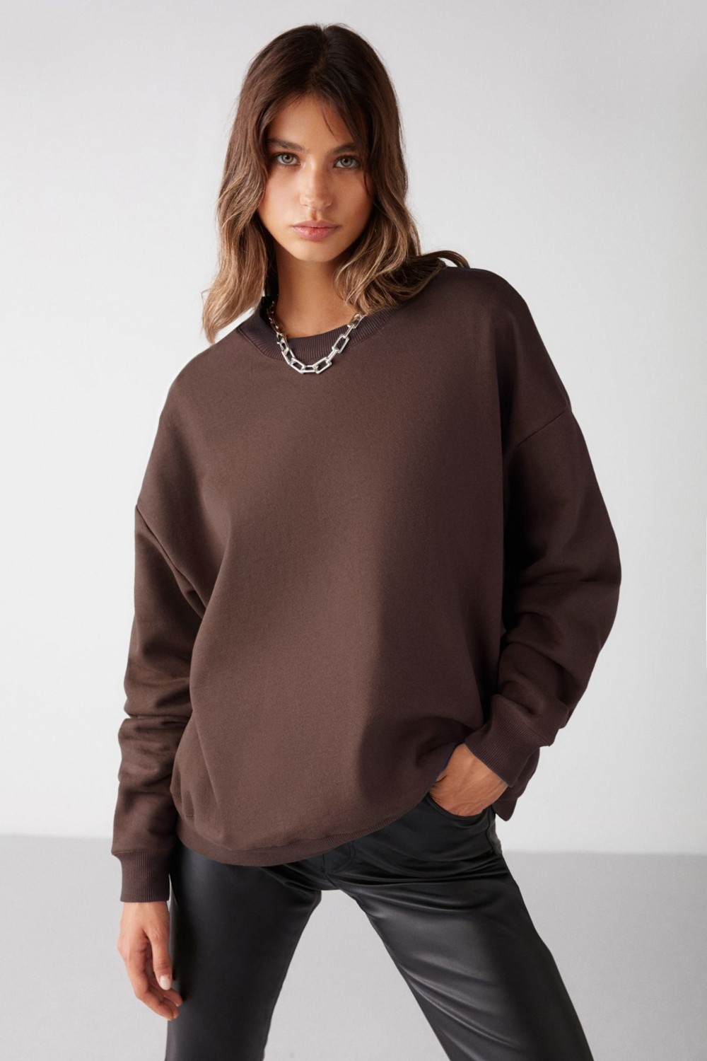 Grimelange Vaneltına Kadın Içi Polarlı 3 Iplik Organik Pamuk Oversize Basic Bisiklet Yaka Siyah Sweatshirt