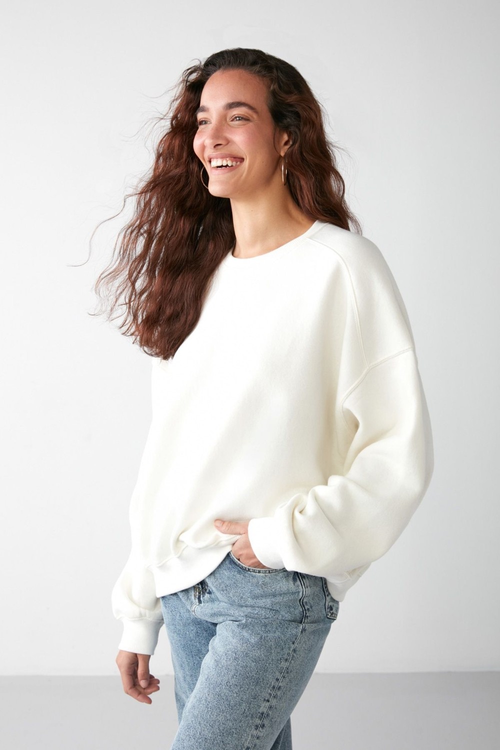 Grimelange Susana Kadın Bisiklet Yaka Içi Polarlı Oversize Fit Basic Yeşil Sweatshirt görsel 2