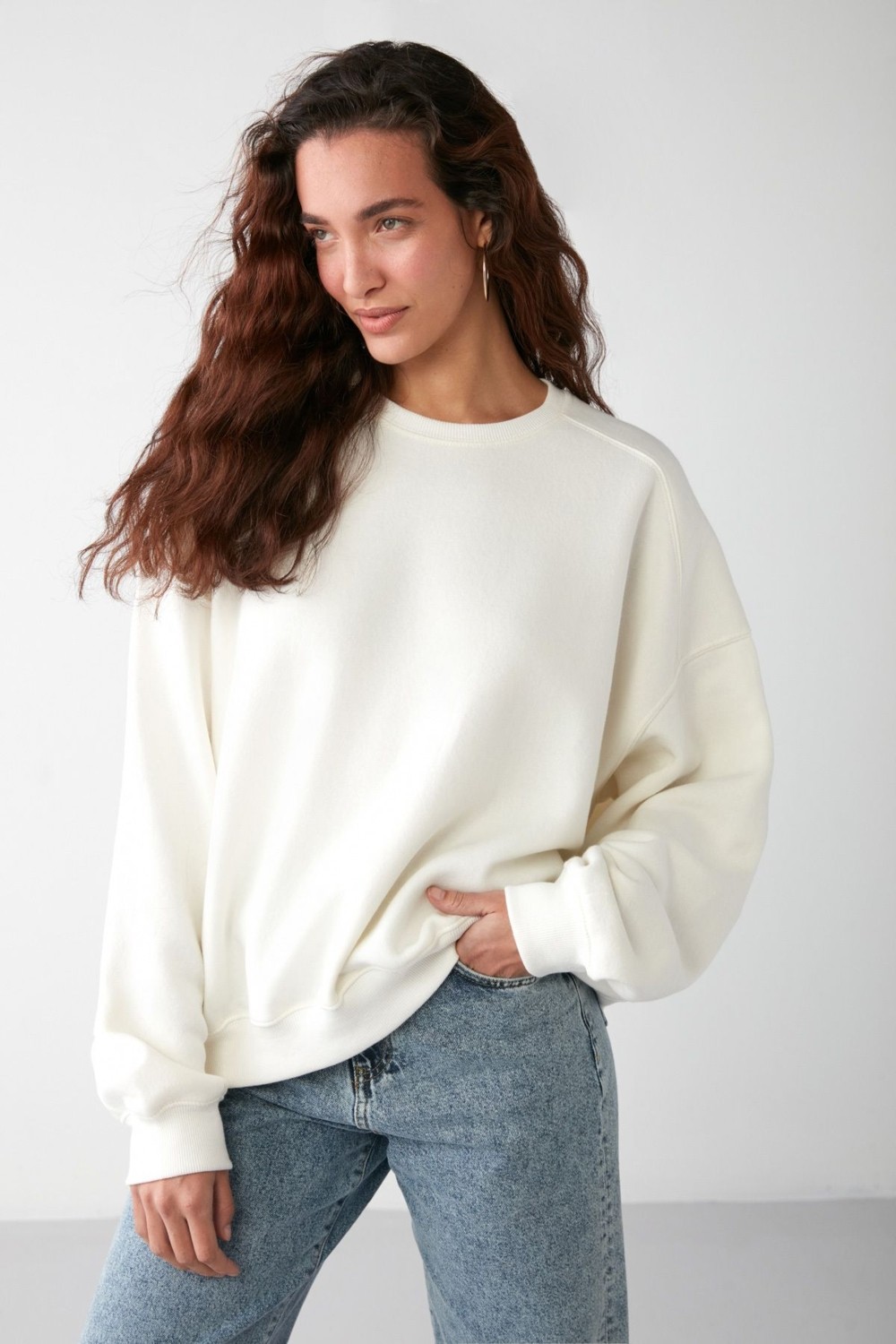 Grimelange Susana Kadın Bisiklet Yaka Içi Polarlı Oversize Fit Basic Yeşil Sweatshirt görsel 4