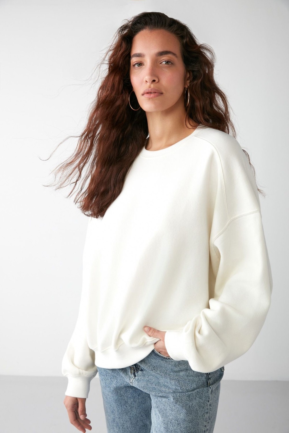 Grimelange Susana Kadın Bisiklet Yaka Içi Polarlı Oversize Fit Basic Yeşil Sweatshirt görsel 5