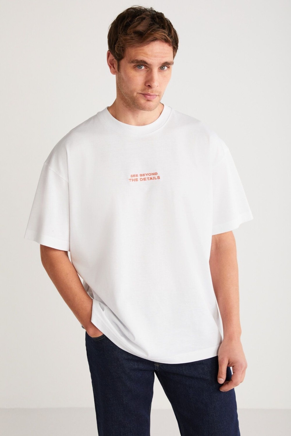Grimelange Vıto Erkek %100 Organik Pamuklu Nakış Yazı Detaylı Oversize Bol Kesim Kısa Kollu Siyah T-Shirt