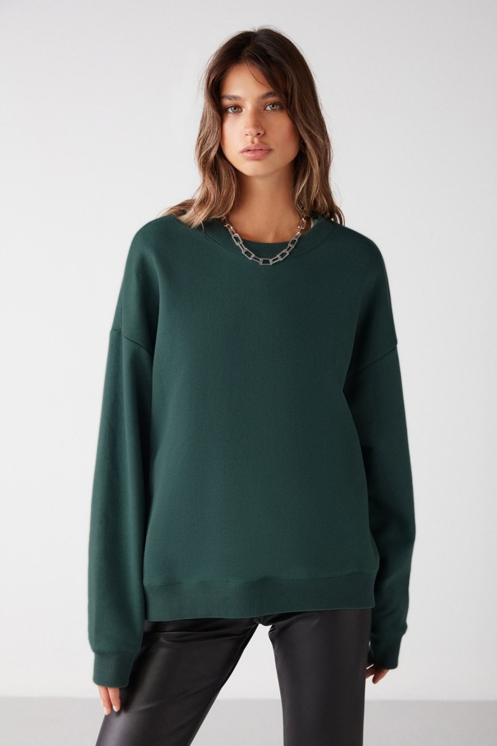 Grimelange Vaneltına Kadın Içi Polarlı 3 Iplik Organik Pamuk Oversize Basic Bisiklet Yaka Siyah Sweatshirt