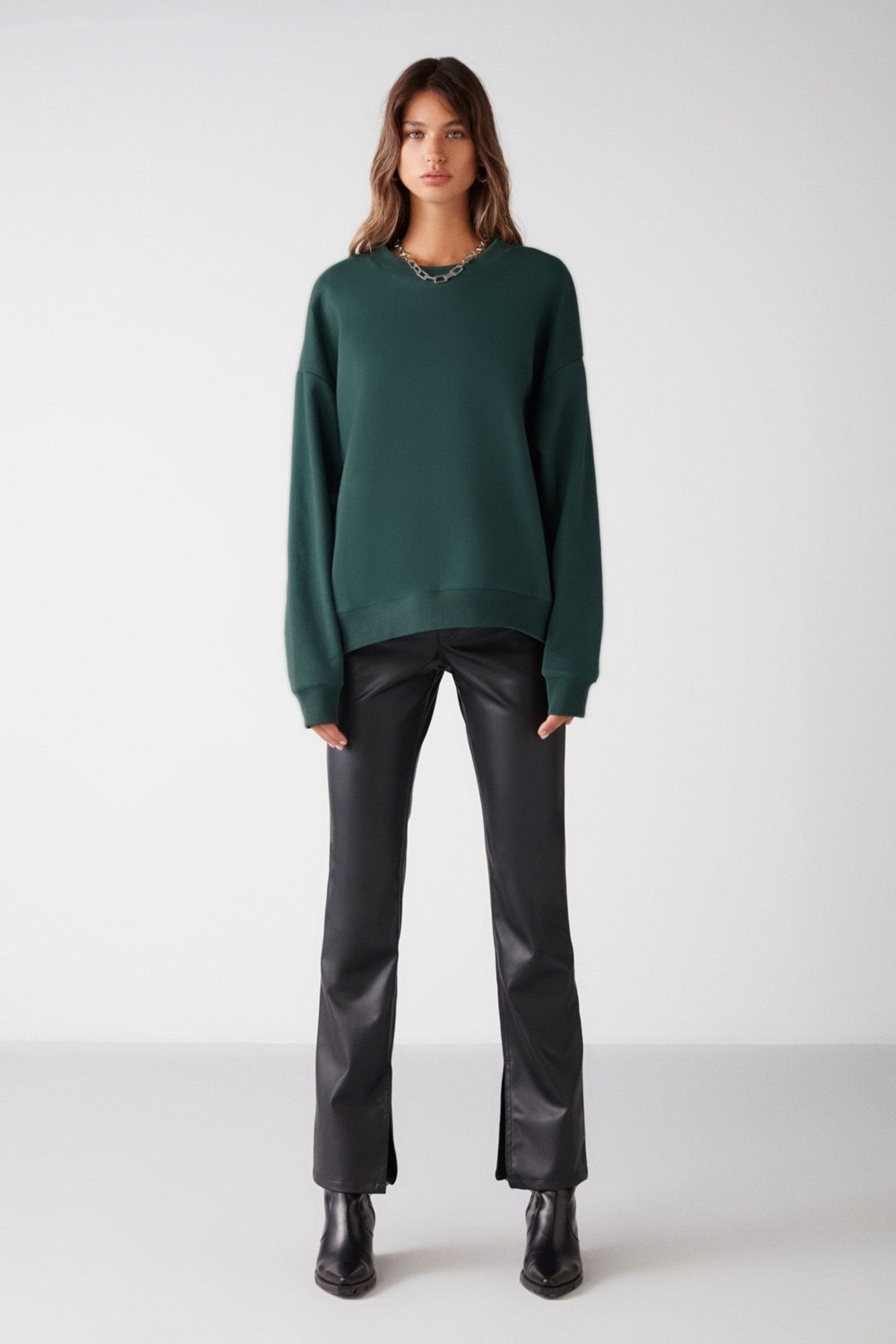 Grimelange Vaneltına Kadın Içi Polarlı 3 Iplik Organik Pamuk Oversize Basic Bisiklet Yaka Siyah Sweatshirt görsel 2