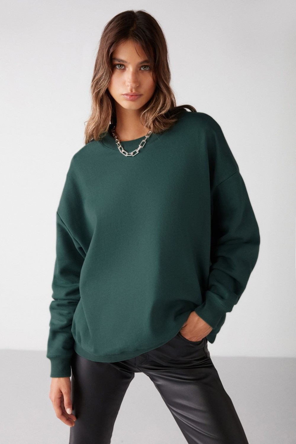 Grimelange Vaneltına Kadın Içi Polarlı 3 Iplik Organik Pamuk Oversize Basic Bisiklet Yaka Siyah Sweatshirt görsel 3