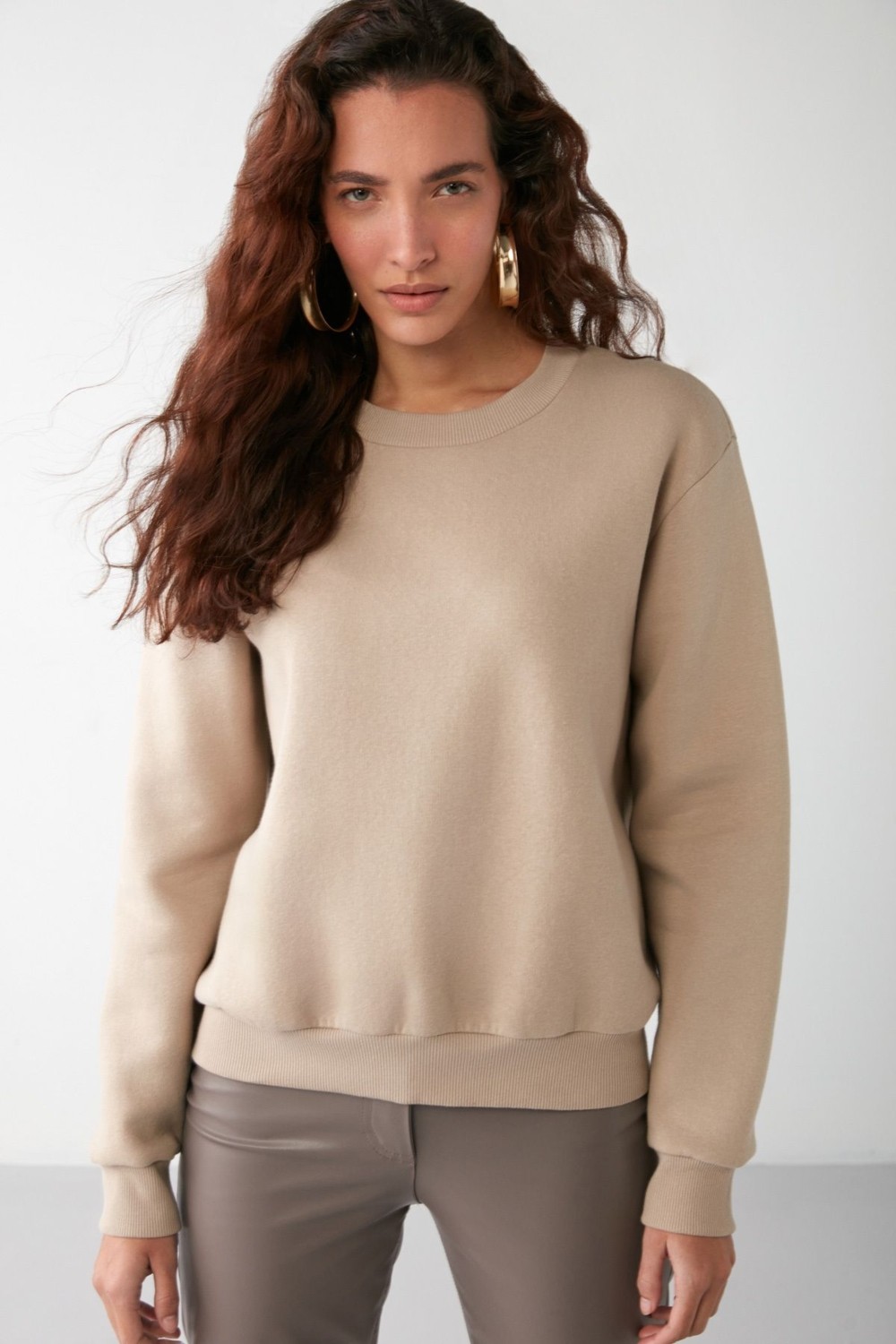 Grimelange Vaneltına Kadın Içi Polarlı 3 Iplik Organik Pamuk Oversize Basic Bisiklet Yaka Siyah Sweatshirt