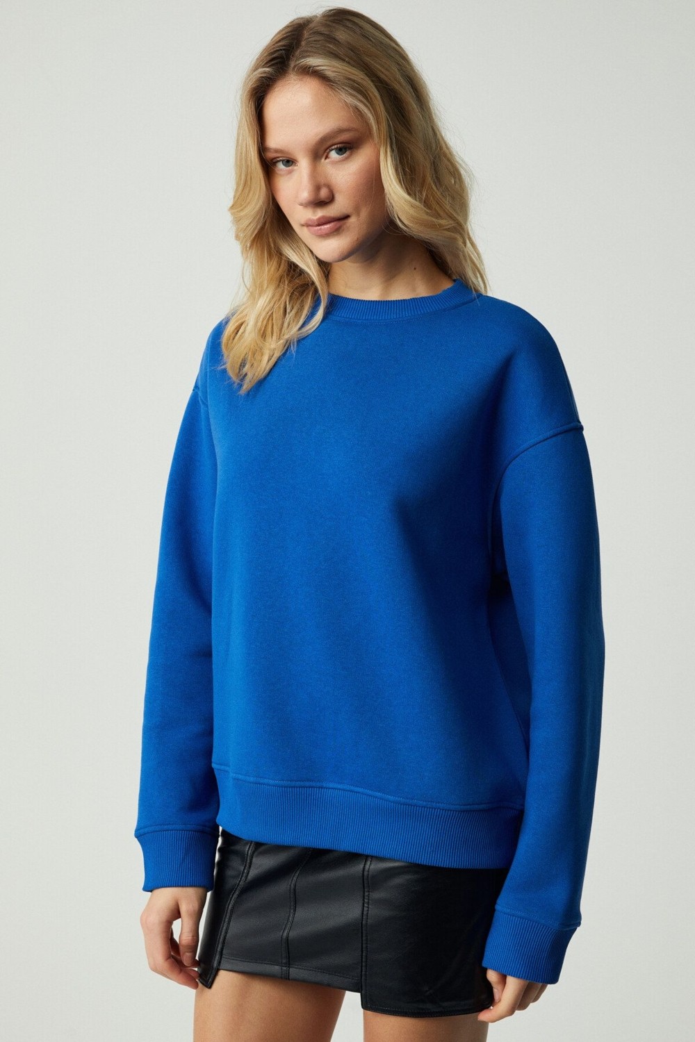 Grimelange Vaneltına Kadın Içi Polarlı 3 Iplik Organik Pamuk Oversize Basic Bisiklet Yaka Siyah Sweatshirt