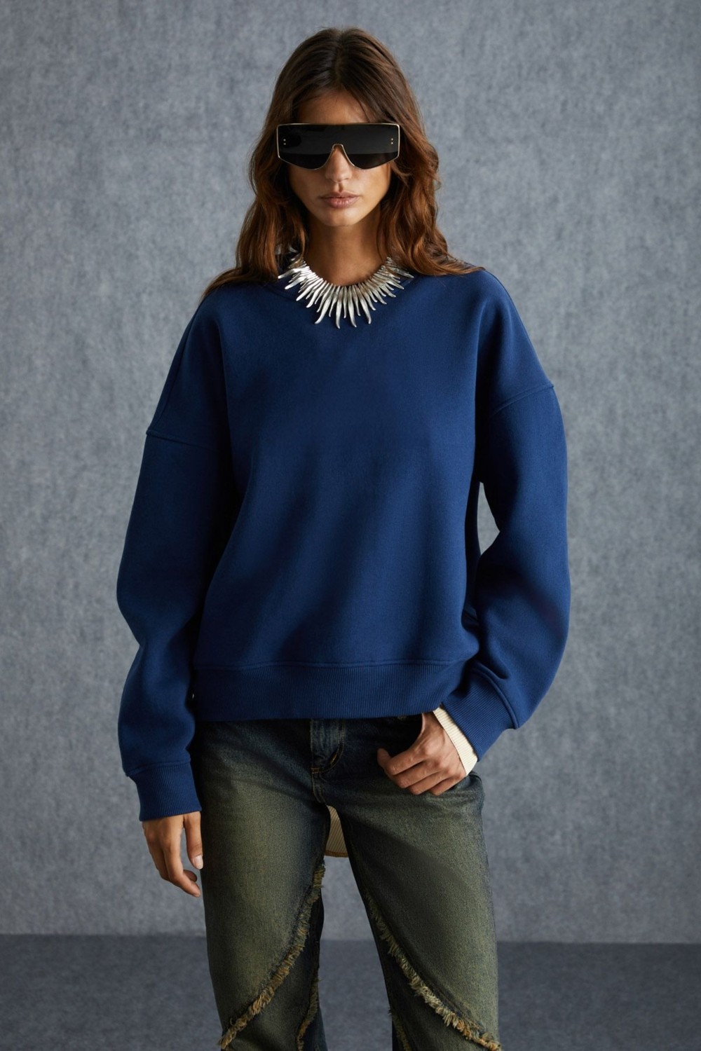 Grimelange Vaneltına Kadın Içi Polarlı 3 Iplik Organik Pamuk Oversize Basic Bisiklet Yaka Siyah Sweatshirt