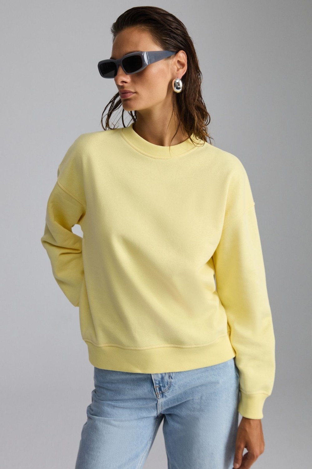 Grimelange Vaneltına Kadın Içi Polarlı 3 Iplik Organik Pamuk Oversize Basic Bisiklet Yaka Siyah Sweatshirt