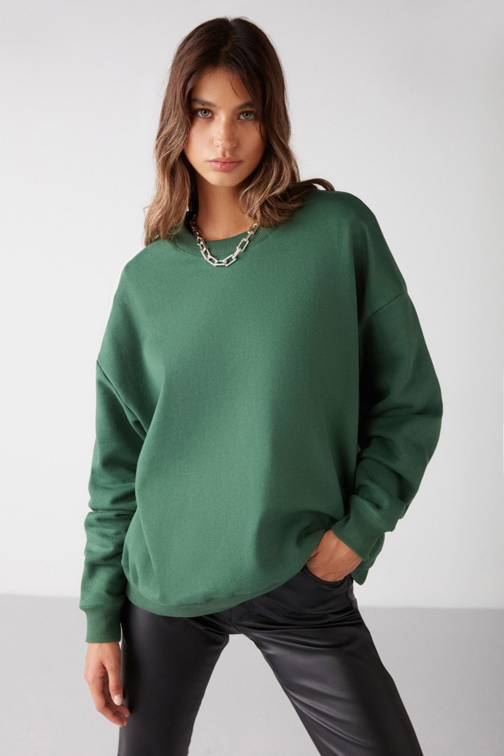 Grimelange Susana Kadın Bisiklet Yaka Içi Polarlı Oversize Fit Basic Yeşil Sweatshirt