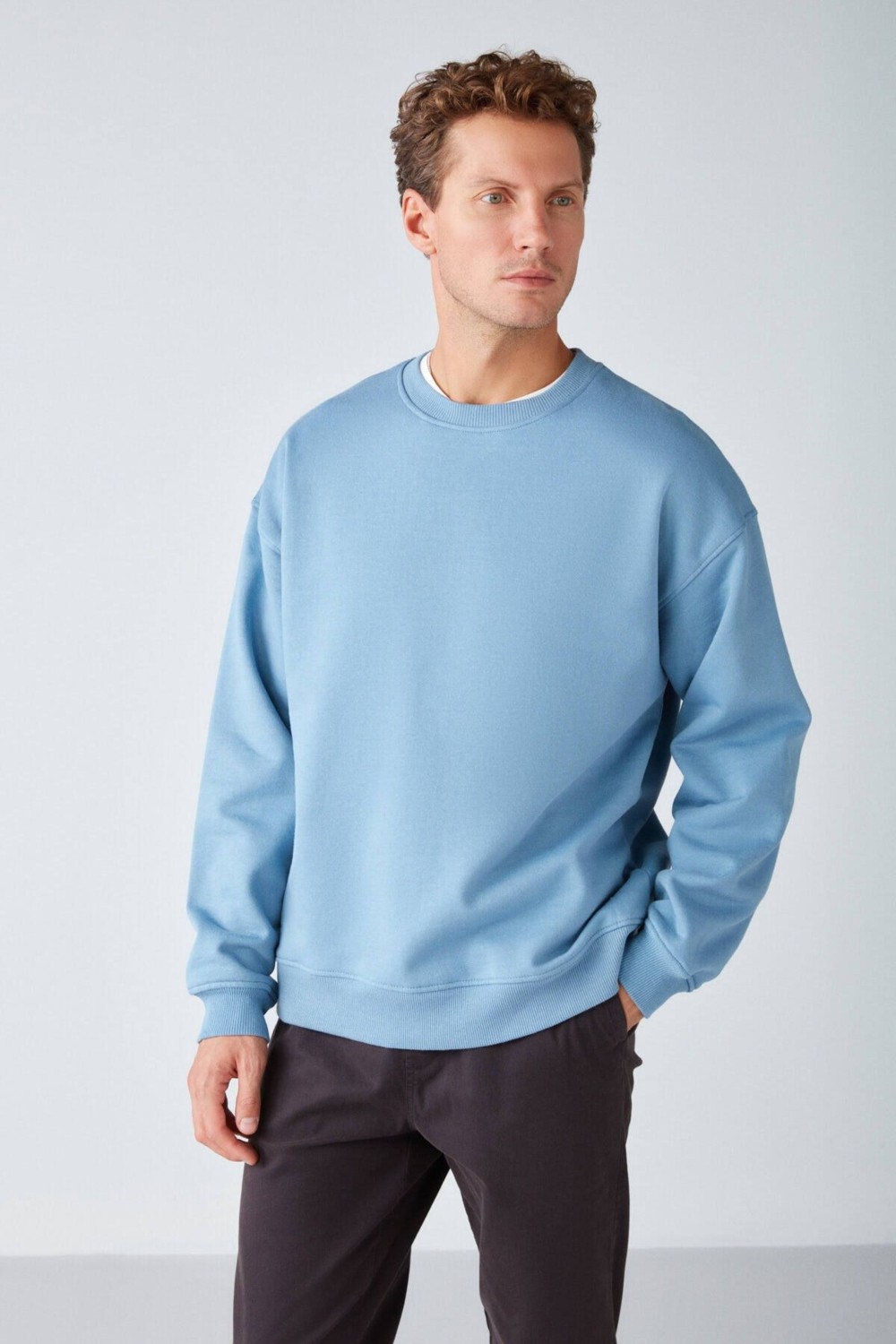 Grimelange Stephan Erkek Yumuşacık Kumaşlı organik Pamuklu Oversize Fit Yuvarlak Yakalı Lacivert Sweatshirt