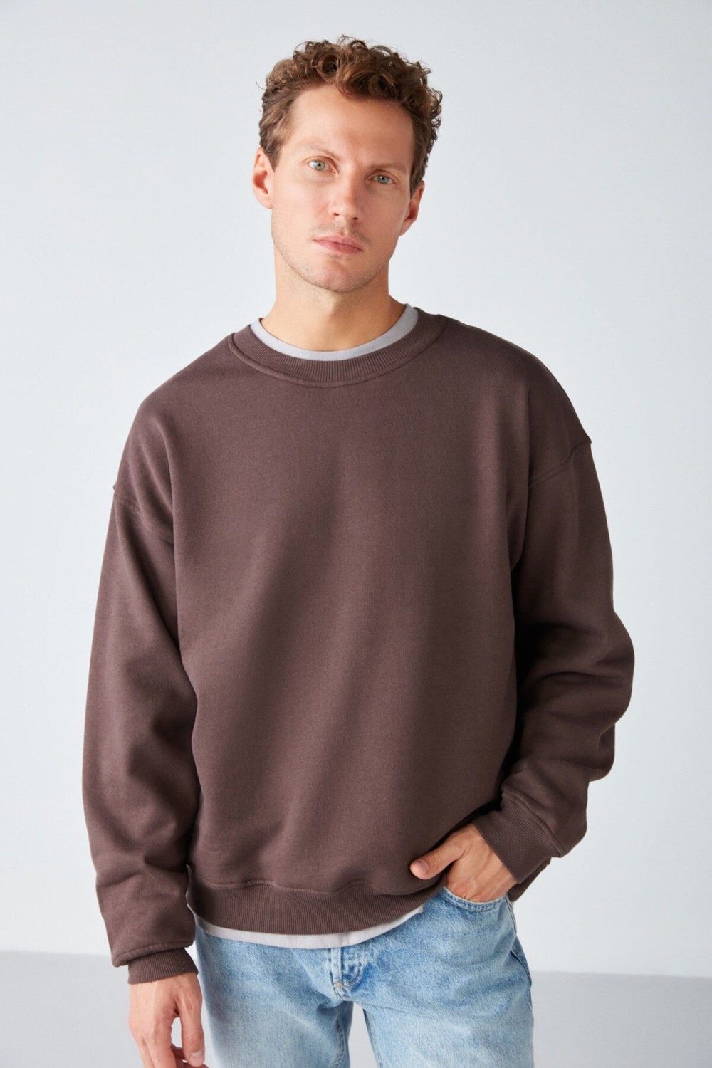 Grimelange Stephan Erkek Yumuşacık Kumaşlı organik Pamuklu Oversize Fit Yuvarlak Yakalı Lacivert Sweatshirt