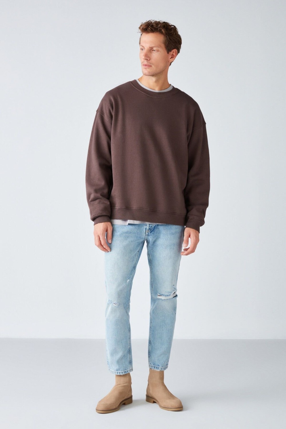 Grimelange Stephan Erkek Yumuşacık Kumaşlı organik Pamuklu Oversize Fit Yuvarlak Yakalı Lacivert Sweatshirt görsel 2