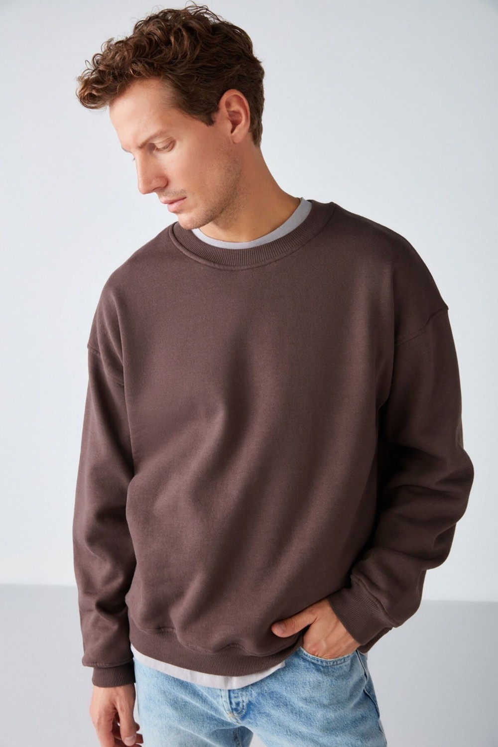 Grimelange Stephan Erkek Yumuşacık Kumaşlı organik Pamuklu Oversize Fit Yuvarlak Yakalı Lacivert Sweatshirt görsel 5