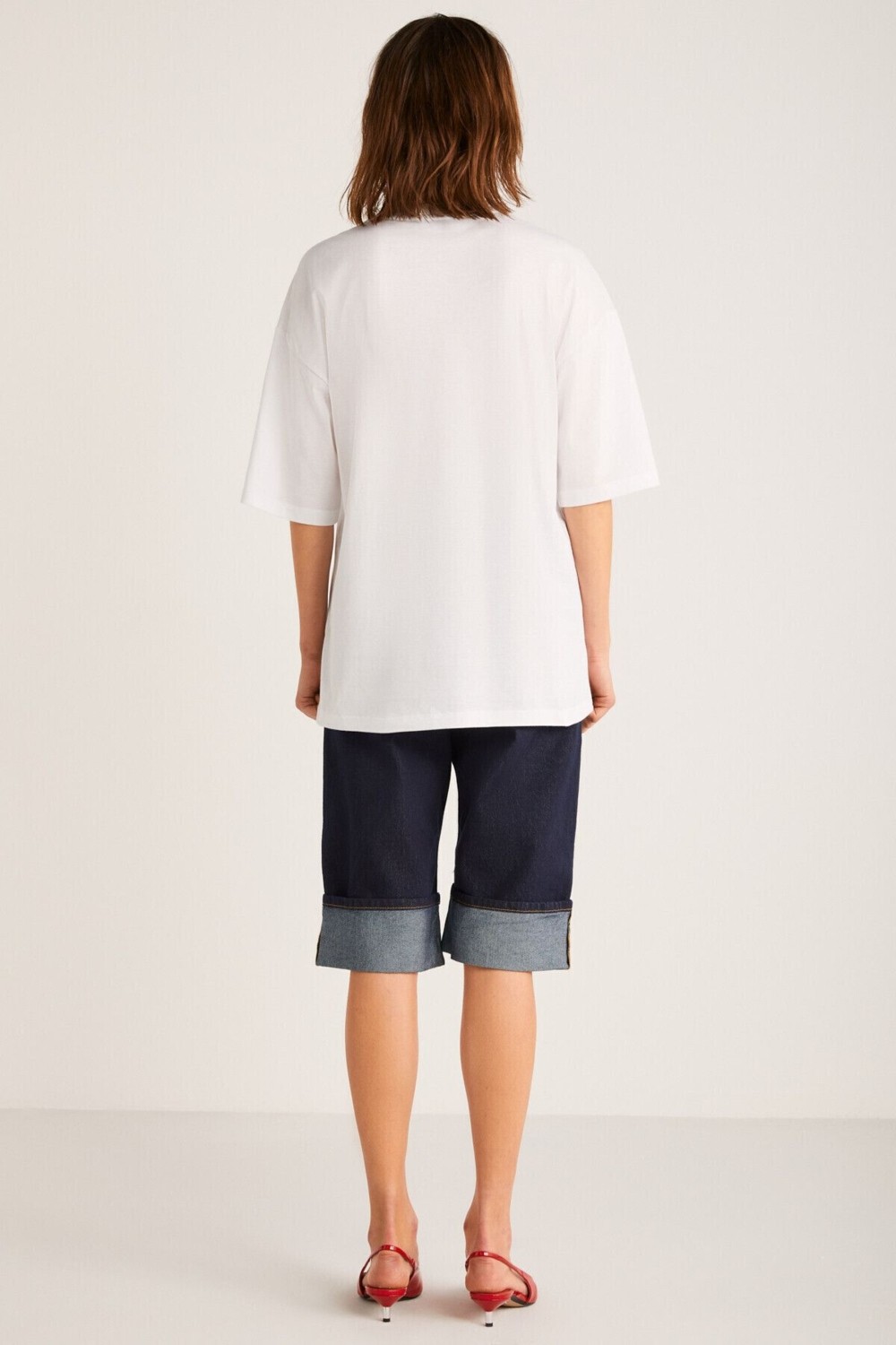 Grimelange Odalys Kadın %100 Organik Pamuklu Oversize Fit Bol Kesim Kiraz Baskılı Bisiklet Yaka Beyaz T-shirt görsel 7
