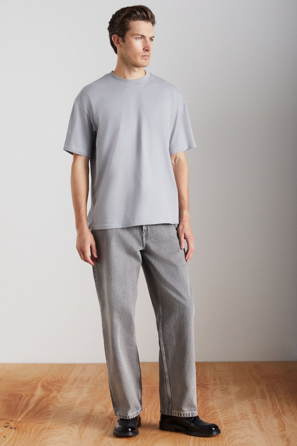 Grimelange Jett Erkek Oversize Fit %100 Organik Pamuk Kalın Dokulu Bisiklet Yakalı Beyaz T-shirt görsel 3