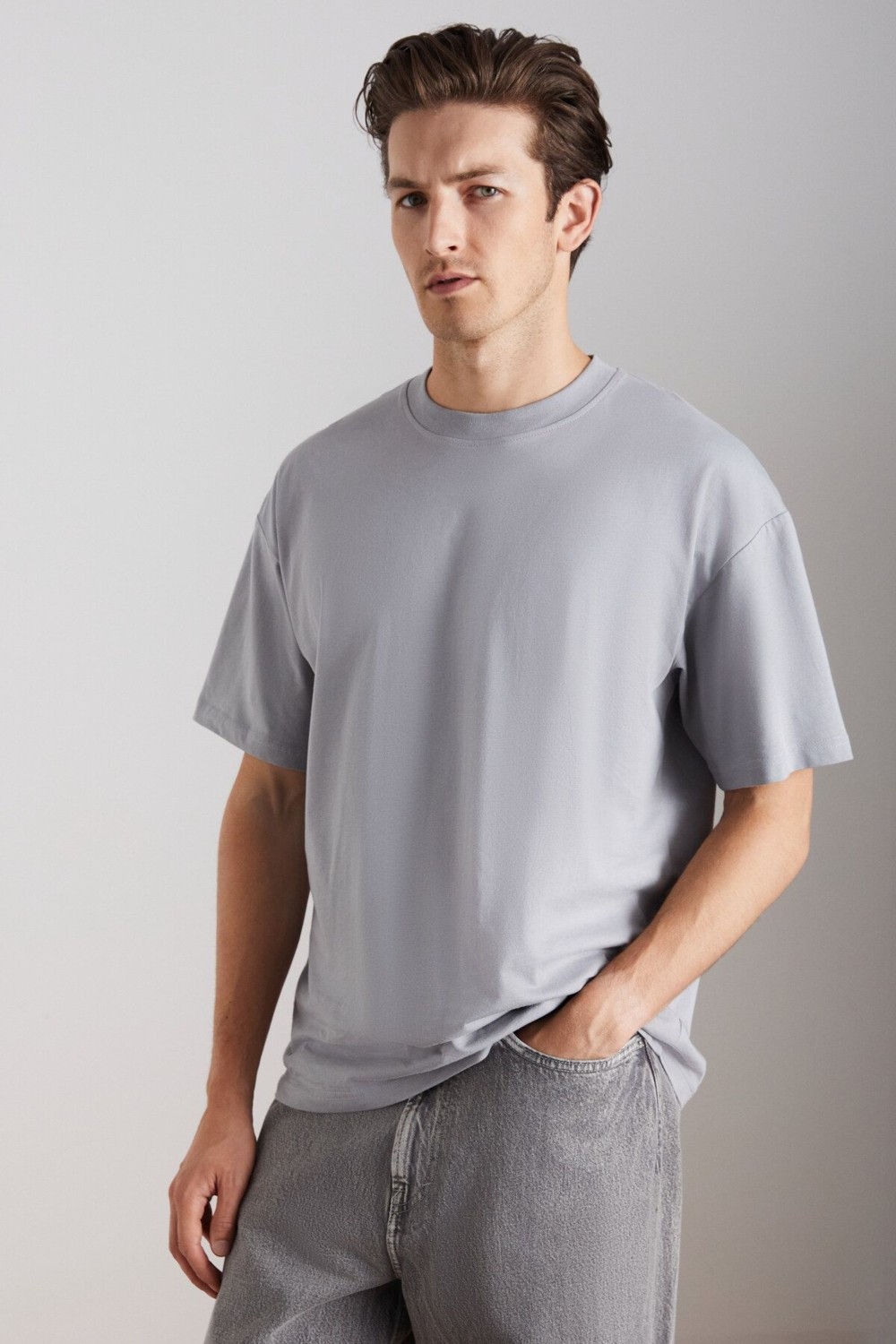 Grimelange Jett Erkek Oversize Fit %100 Organik Pamuk Kalın Dokulu Bisiklet Yakalı Beyaz T-shirt görsel 4