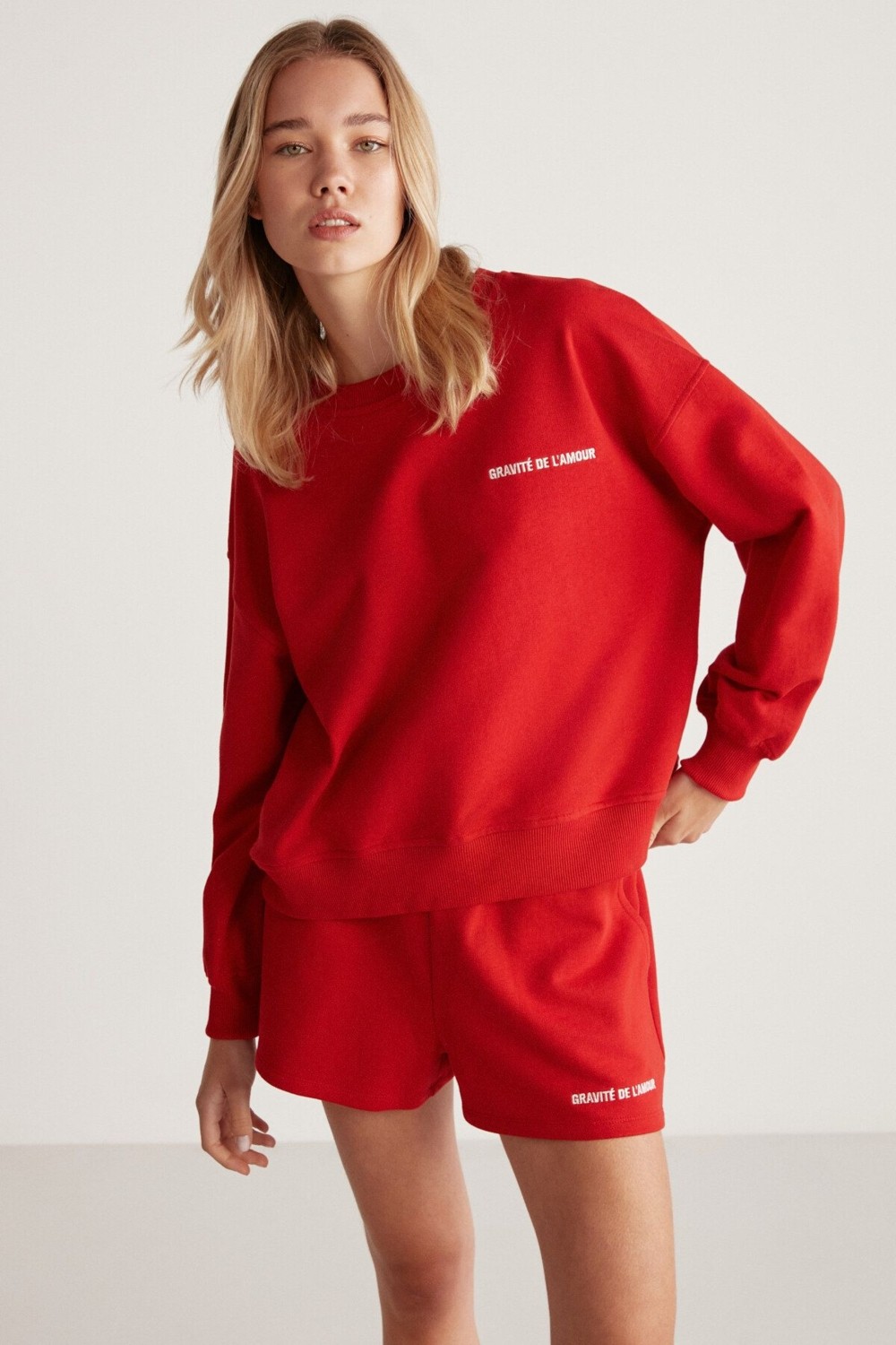 Grimelange Jennıfer Kadın Organik Pamuklu Nakışlı Yuvarlak Yakalı Oversize Kırmızı Sweatshirt