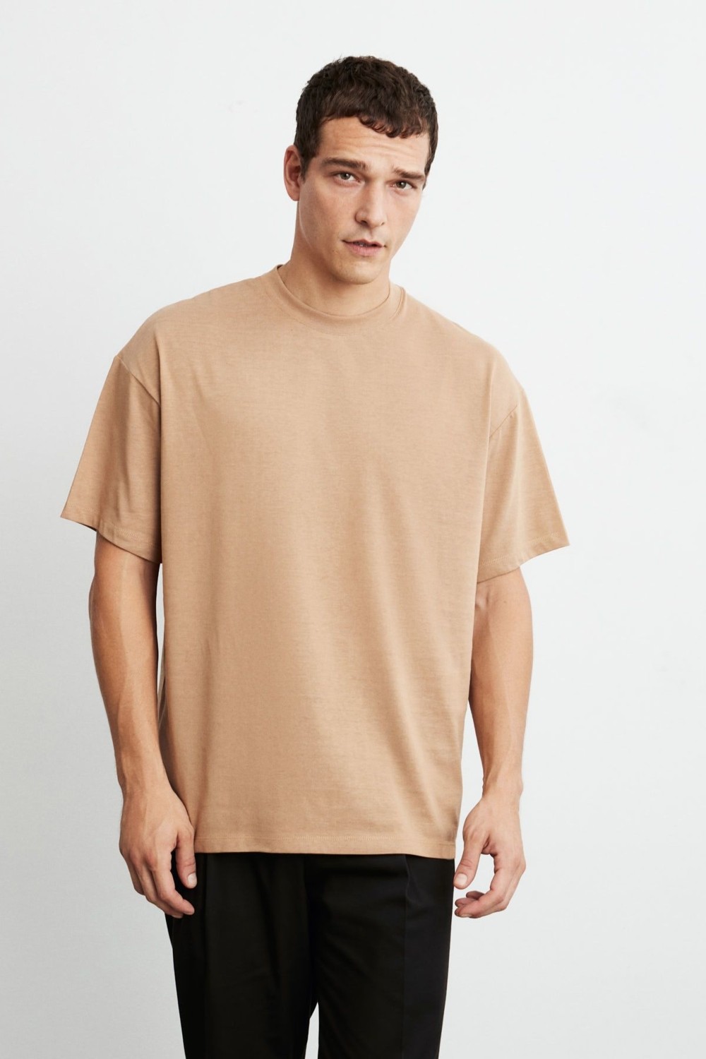 Grimelange Jett Erkek Oversize Fit %100 Organik Pamuk Kalın Dokulu Bisiklet Yakalı Beyaz T-shirt görsel 7