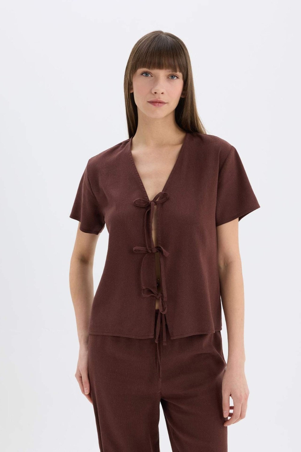 DeFacto Keten Kısa Kollu Üst Beli Lastikli Alt Pijama Takımı E3571AX25SP görsel 3