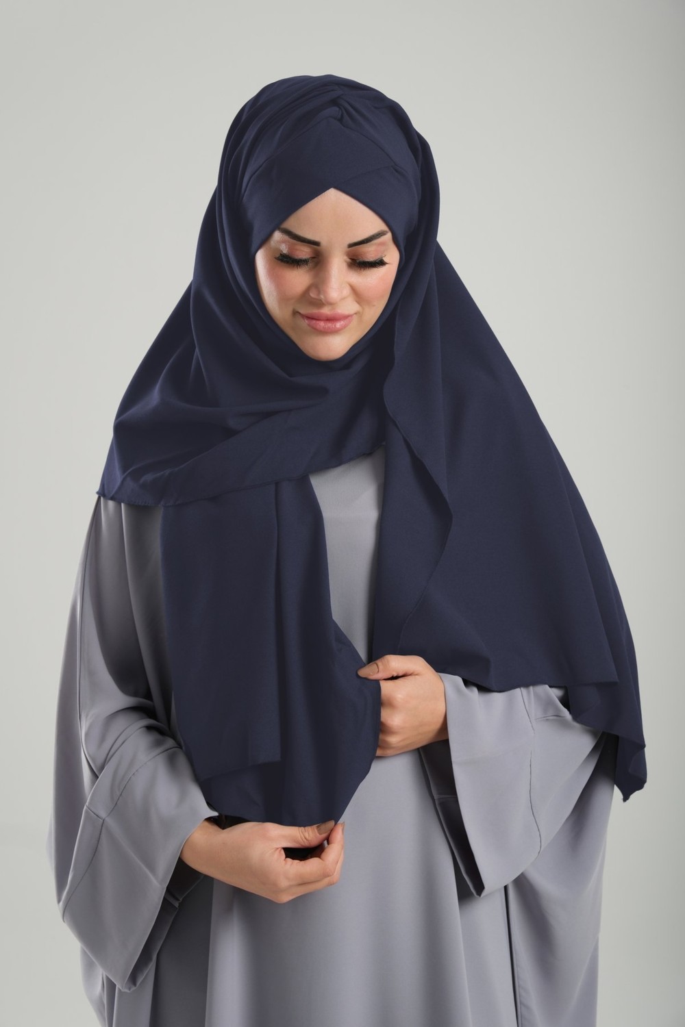 Hürrem Bone Saks Mavisi Pratik Hazır Geçmeli Bone Şal Krep Mevsimlik Tek Bantlı 1453K_24 görsel 2