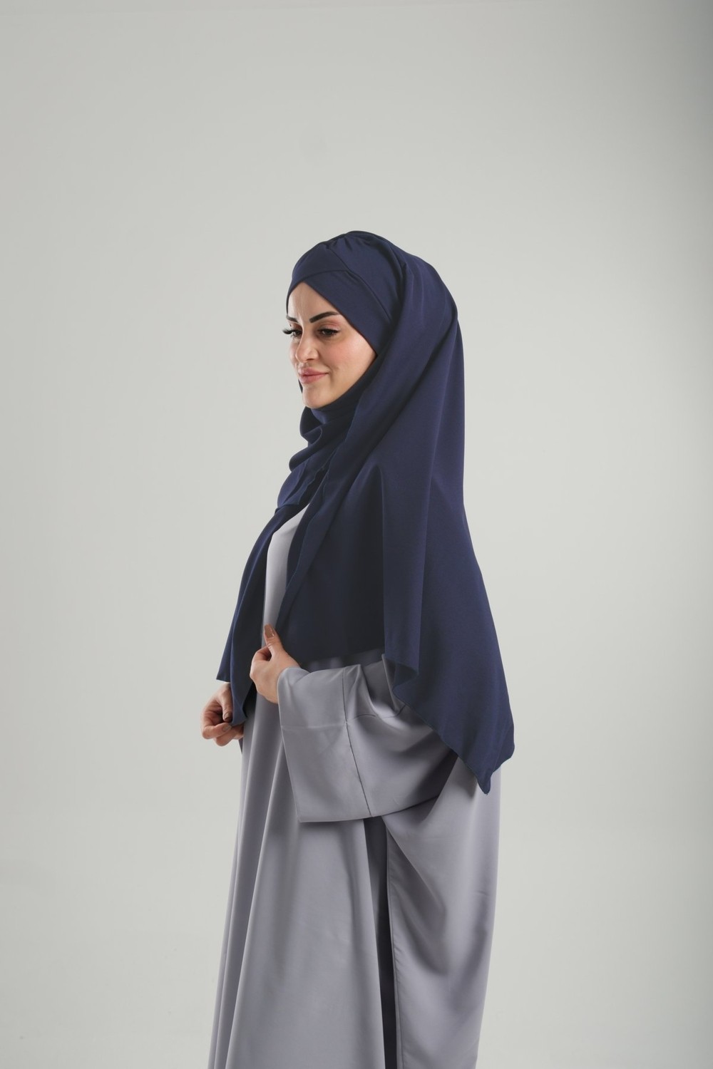 Hürrem Bone Saks Mavisi Pratik Hazır Geçmeli Bone Şal Krep Mevsimlik Tek Bantlı 1453K_24 görsel 3