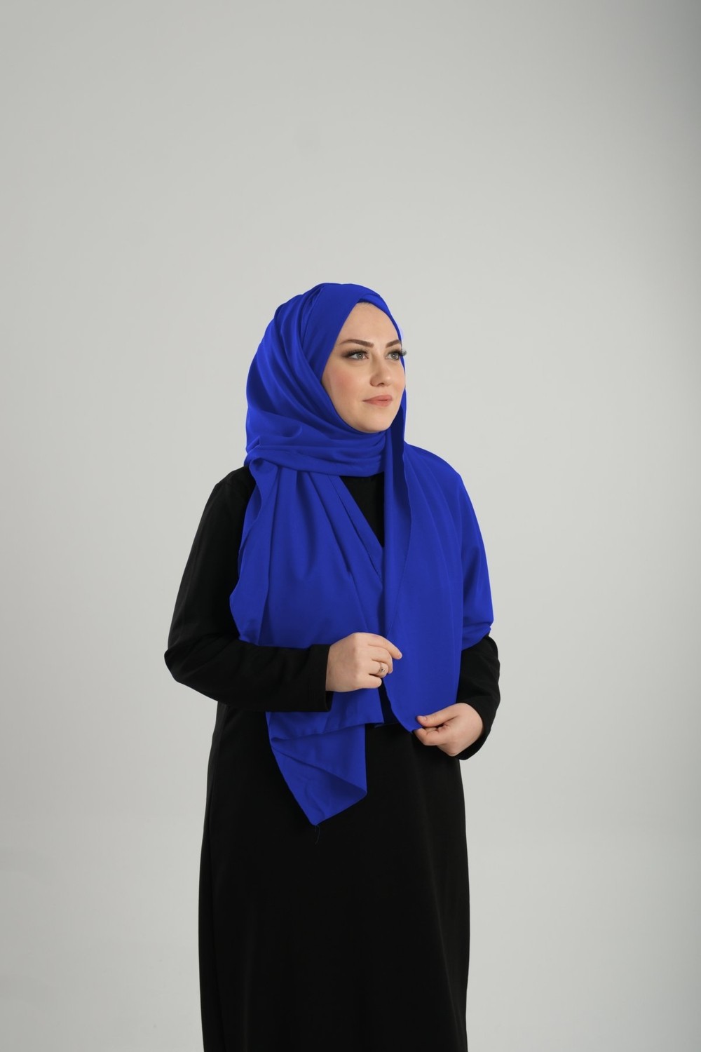 Hürrem Bone Saks Mavisi Pratik Hazır Geçmeli Bone Şal Krep Mevsimlik Tek Bantlı 1453K_24 görsel 8