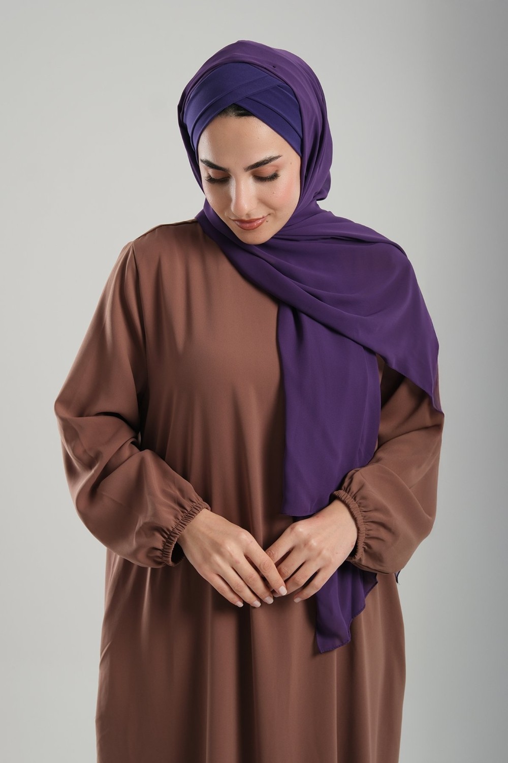 Hürrem Bone Mor Pratik Hazır Geçmeli Bone Şal Şifon Geçmeli Iki Bantlı Çapraz 1460_22 görsel 5