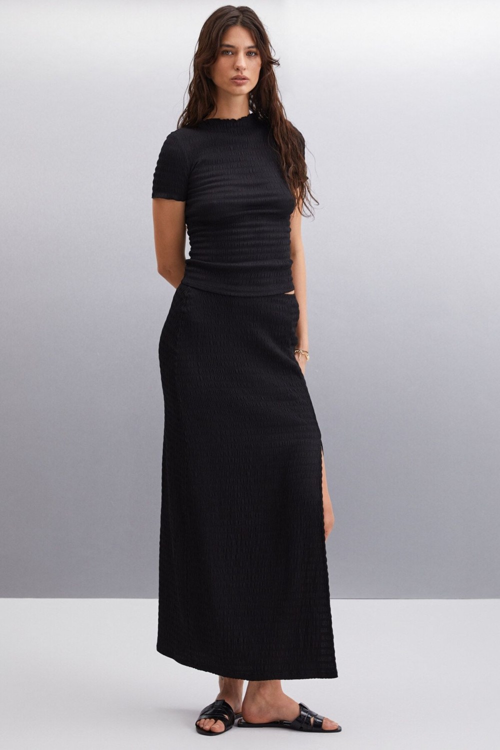 Grimelange Aıvy Kadın Slim Fit Dokulu Vücuda Oturan Dokuma Siyah Etek