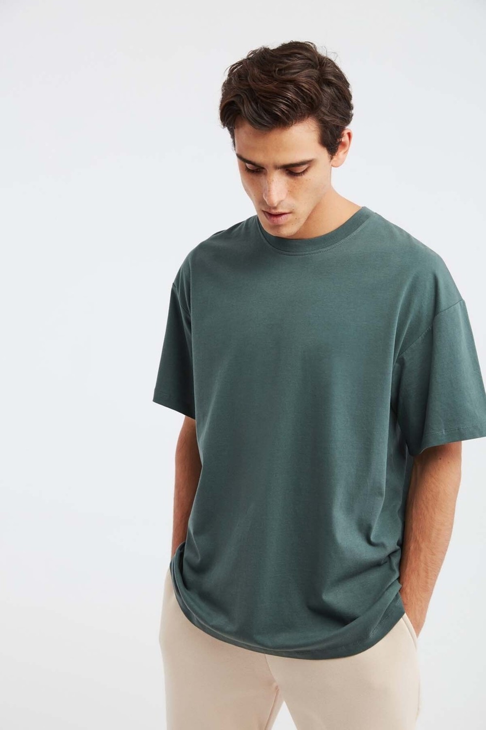 Grimelange Jett Erkek Oversize Fit %100 Organik Pamuk Kalın Dokulu Bisiklet Yakalı Beyaz T-shirt