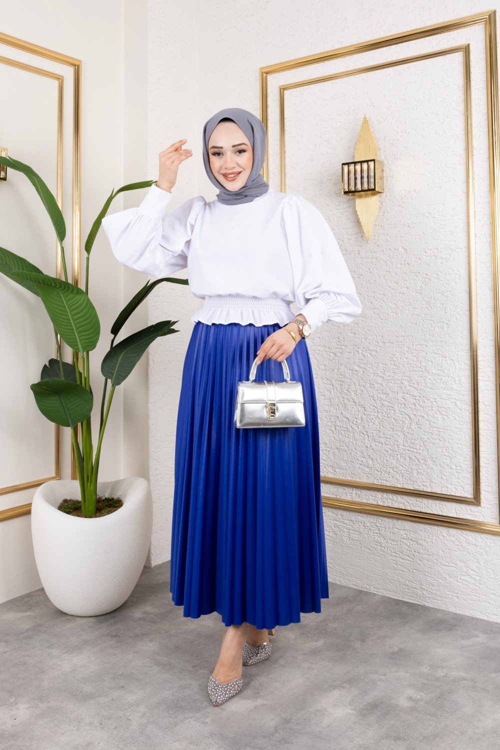 SFG Life Moda Kadın Tesettür Giyim Deri Görünümlü Beli Lastikli Piliseli Uzun Etek görsel 8