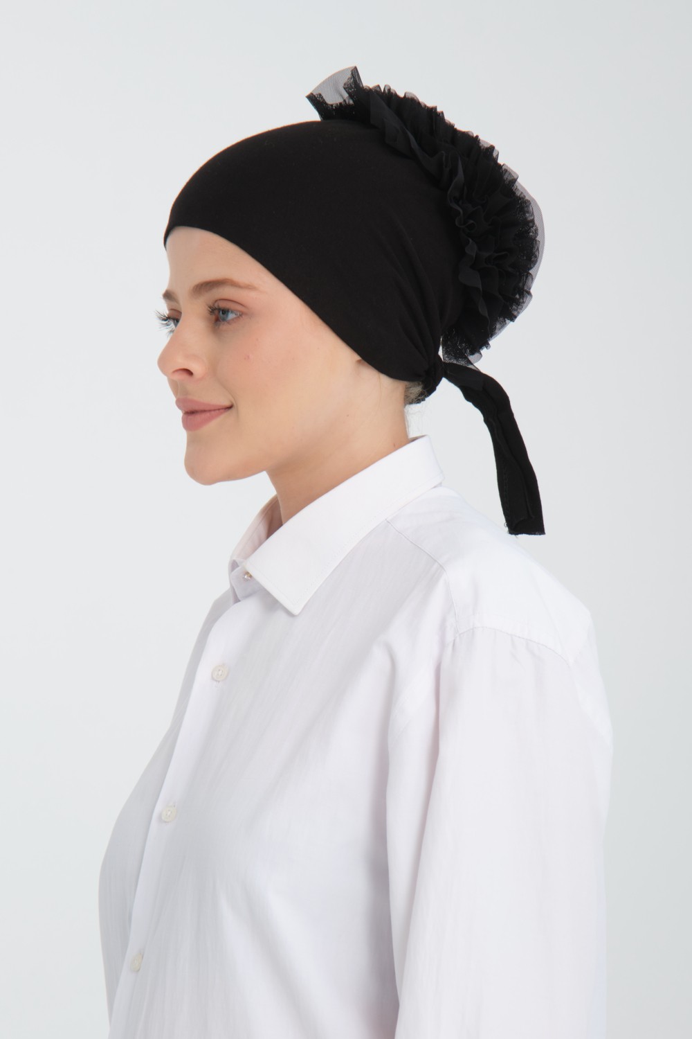 Wega Moda Dikişli Bone, %100 Pamuk Bone, Geniş Hacimli Bağlamalı Bone, Dikişli Penye Bone, Tesettür Bon. Fırfırlı Bone görsel 3