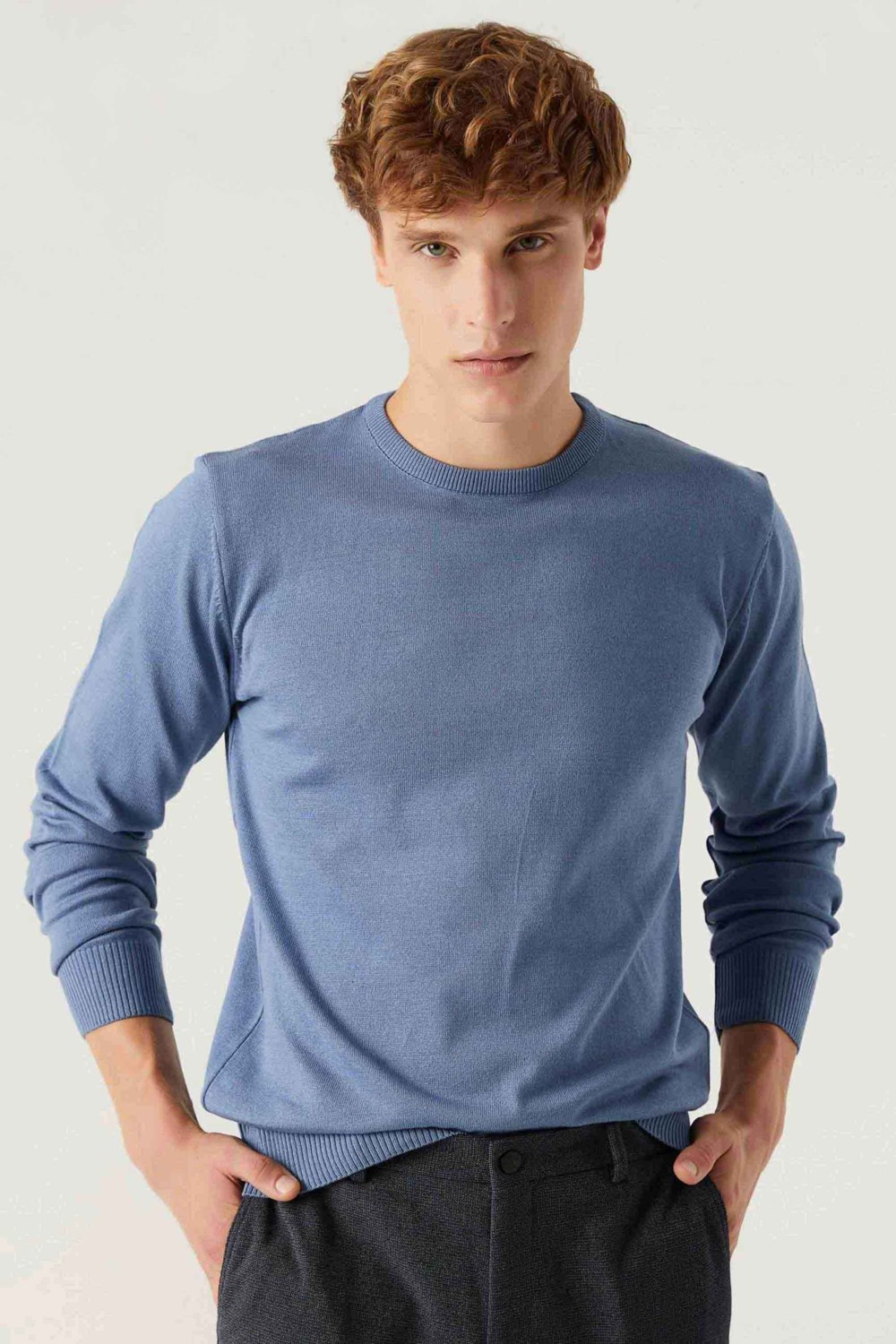 D'S Damat Ds Damat Regular Fit Koyu Mavi Tüylenme Yapmayan Bisiklet Yaka Triko Kazak 5HF06ORT12004