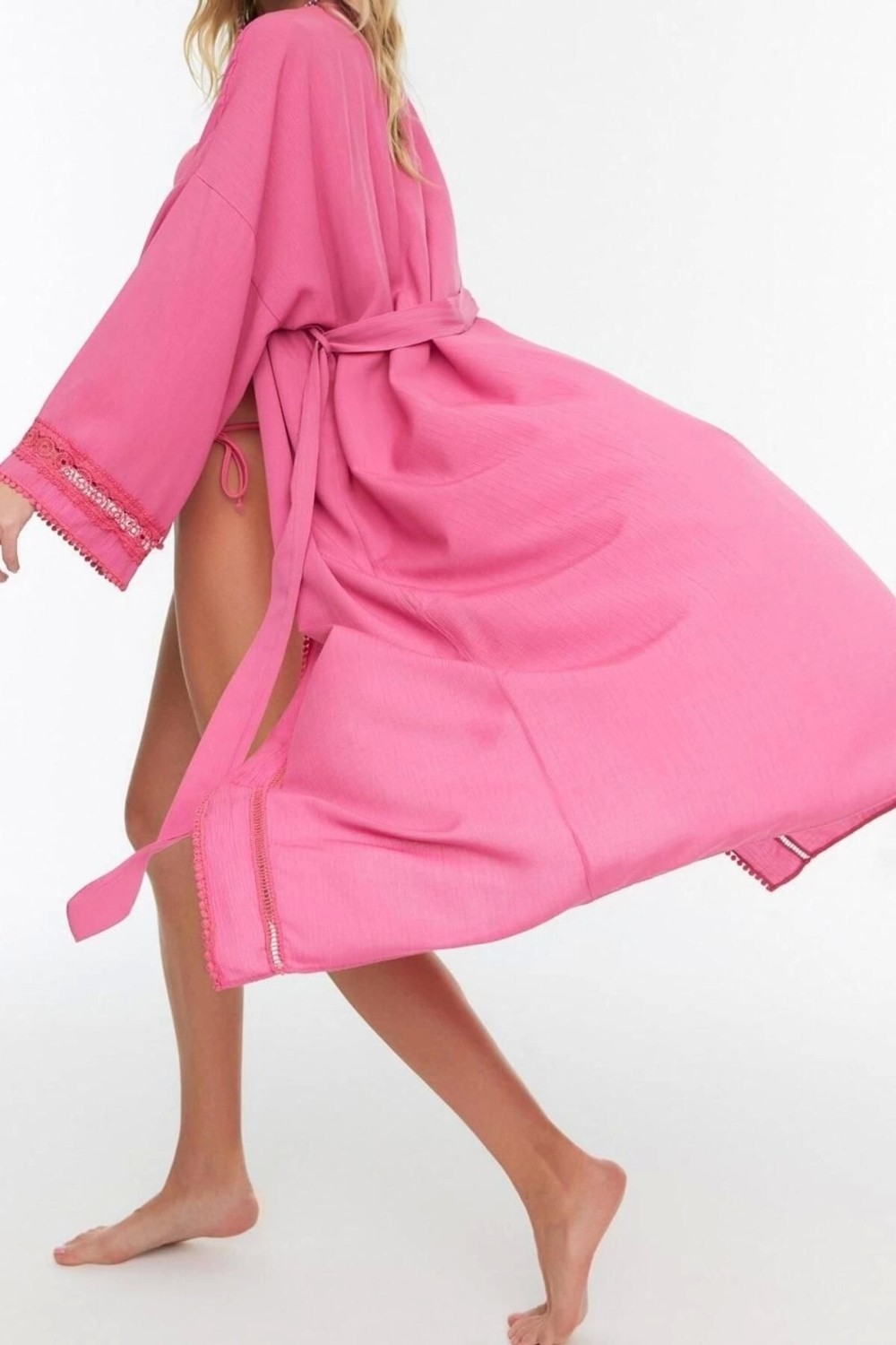 Ersefa Moda Dokuma Regular Kalıp Uzun V Yaka Standart Kol Crinkle Basic Düz Desen Kimono Kaftan görsel 3