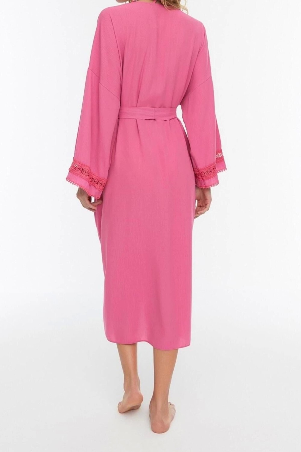 Ersefa Moda Dokuma Regular Kalıp Uzun V Yaka Standart Kol Crinkle Basic Düz Desen Kimono Kaftan görsel 5