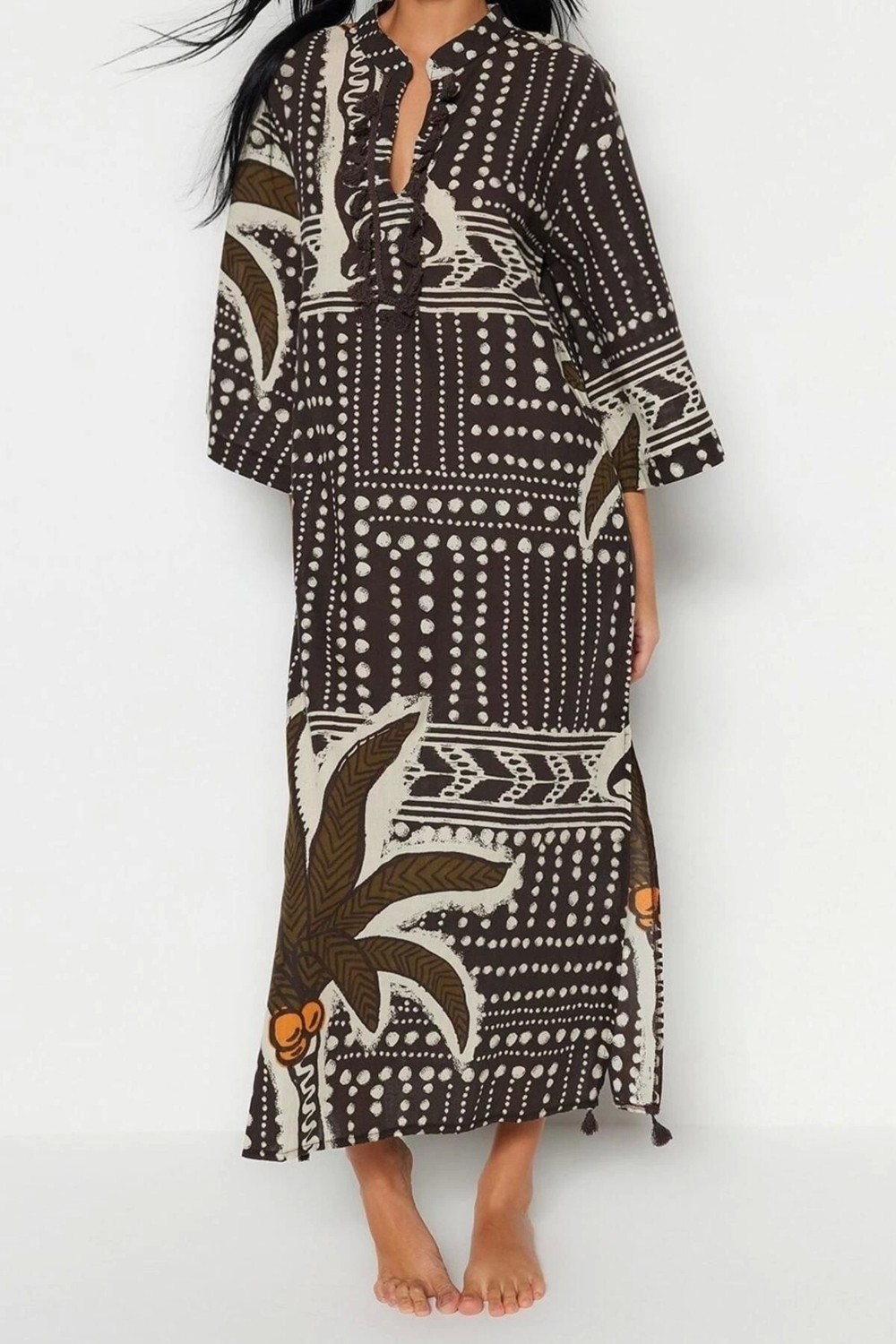 Ersefa Moda Dokuma Rahat Kalıp Uzun Gömlek Yaka Standart Kol Vual Basic Çizgili Desen Kimono Kaftan