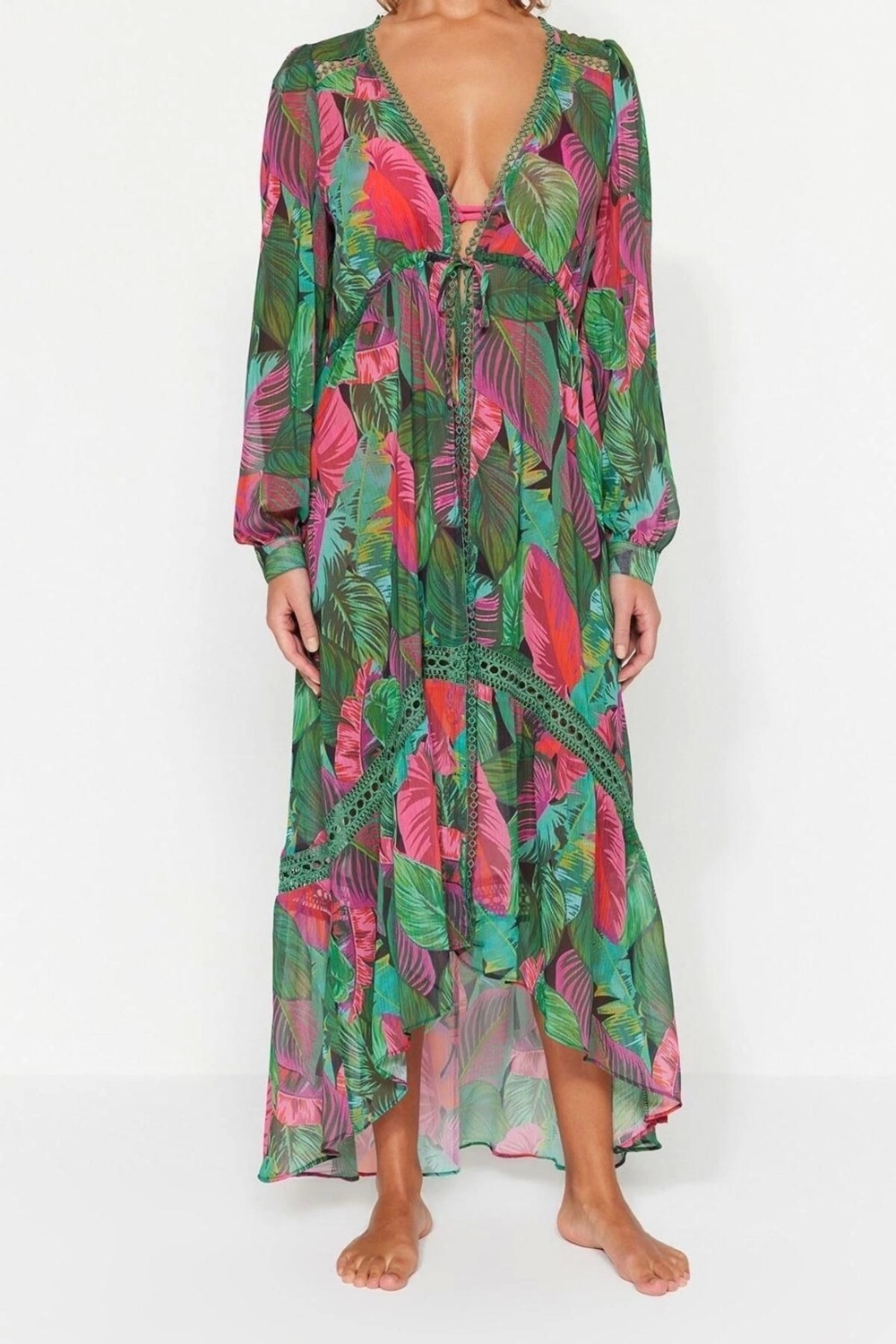 Ersefa Moda Dokuma Rahat Kalıp Midi V Yaka Balon Kol Şifon Basic Tropikal Desen Kimono Kaftan