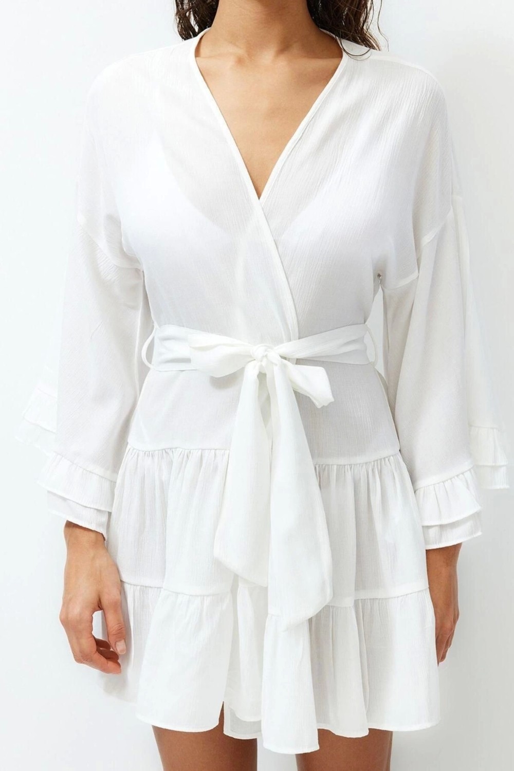 Ersefa Moda Örme Oversize Kalıp Midi V Yaka Büzgülüfırfırlı Kol Crinkle Eteği Fırfırlı Düz Kimono Kaftan