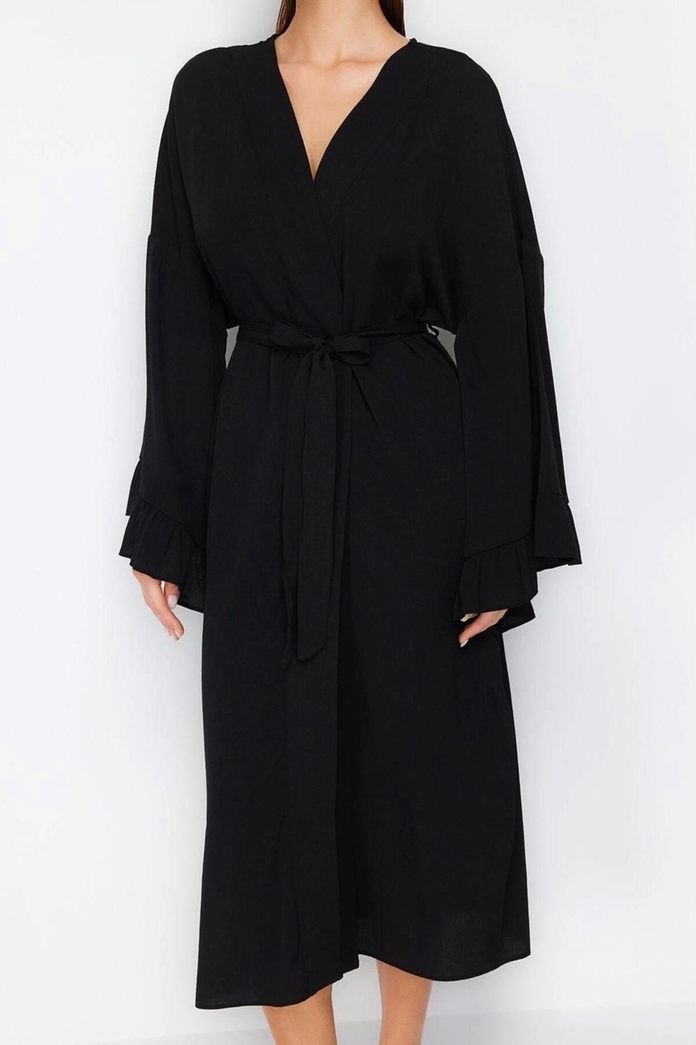 Ersefa Moda Dokuma Regular Kalıp Uzun V Yaka Normal Kol Flamlı Pamuk Eteği Fırfırlı Düz Desen Kimono Kaftan