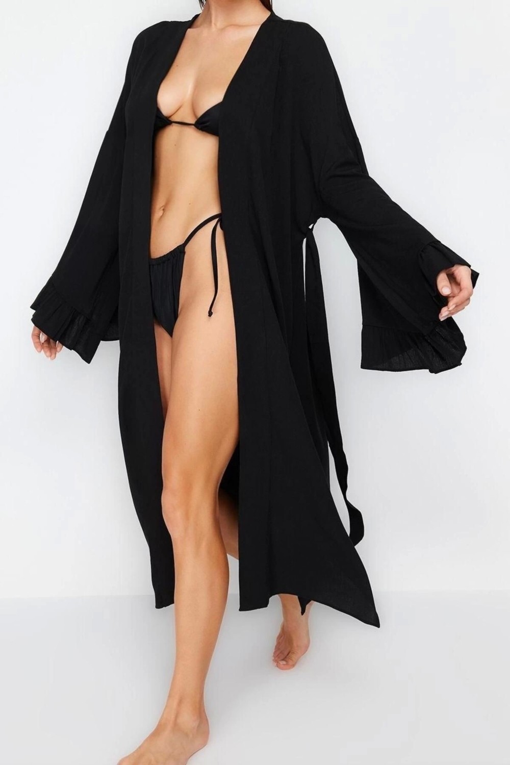 Ersefa Moda Dokuma Regular Kalıp Uzun V Yaka Normal Kol Flamlı Pamuk Eteği Fırfırlı Düz Desen Kimono Kaftan görsel 2