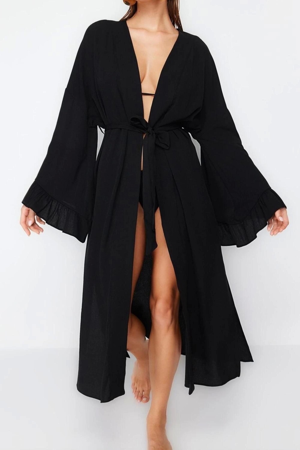 Ersefa Moda Dokuma Regular Kalıp Uzun V Yaka Normal Kol Flamlı Pamuk Eteği Fırfırlı Düz Desen Kimono Kaftan görsel 4