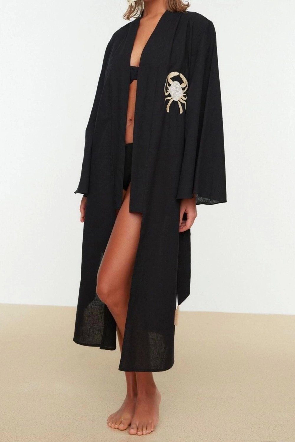 Ersefa Moda Dokuma Rahat Kalıp Uzun V Yaka Standart Kol Flamlı Pamuk Basic Düz Desen Kimono Kaftan görsel 2