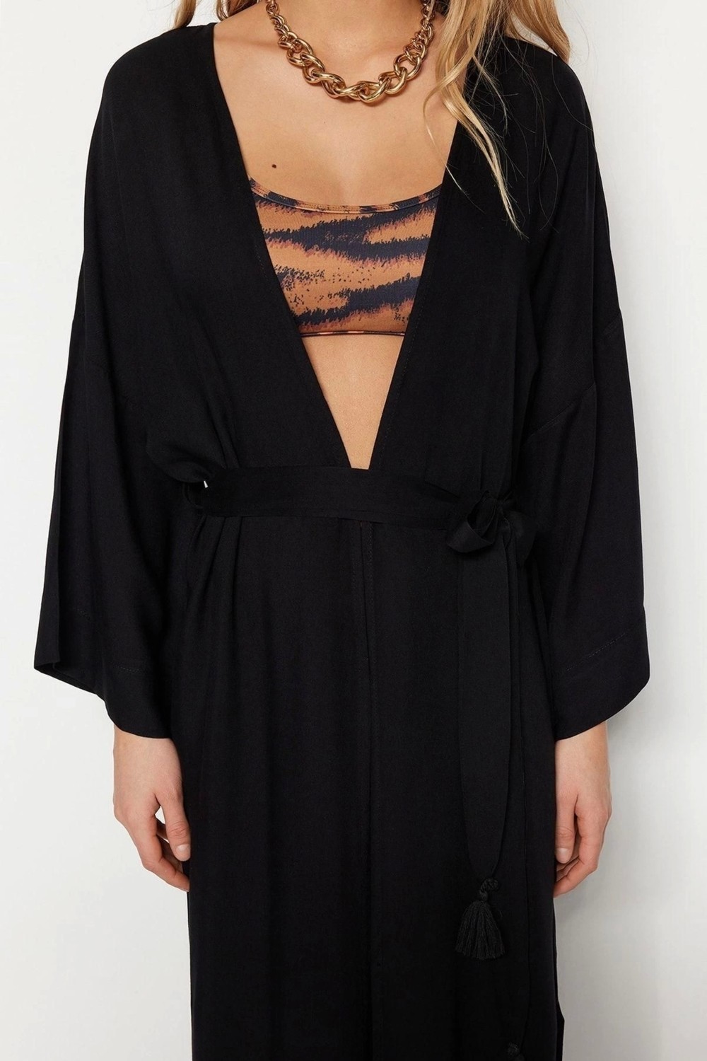 Ersefa Moda Dokuma Regular Kalıp Uzun V Yaka Standart Kol Shally Panço Şal Desen Kimono Kaftan