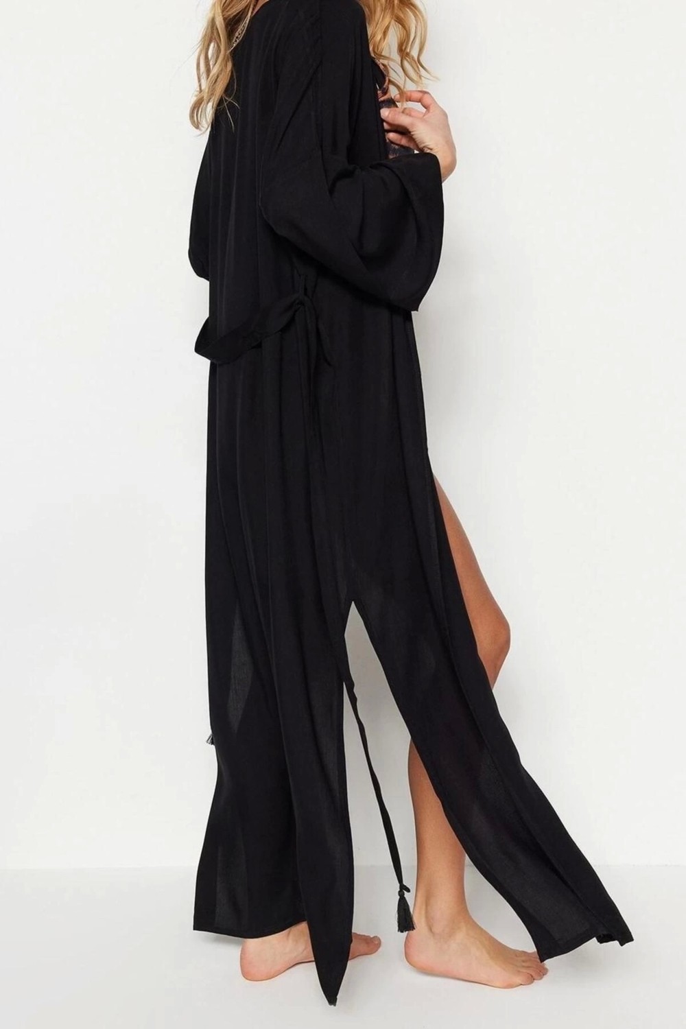 Ersefa Moda Dokuma Regular Kalıp Uzun V Yaka Standart Kol Shally Panço Şal Desen Kimono Kaftan görsel 3