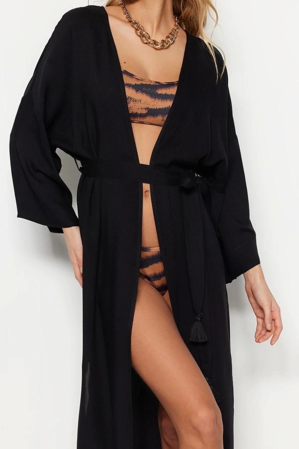 Ersefa Moda Dokuma Regular Kalıp Uzun V Yaka Standart Kol Shally Panço Şal Desen Kimono Kaftan görsel 4