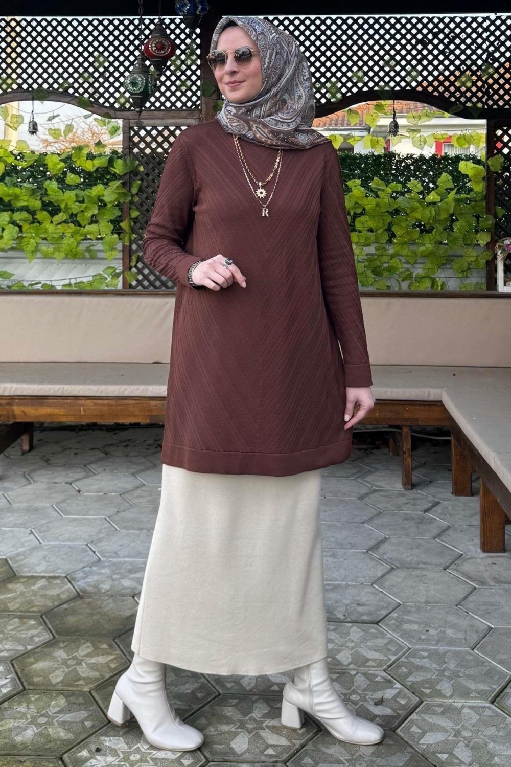 Rabia Şamlı Damla Triko Tunik Kahve görsel 3
