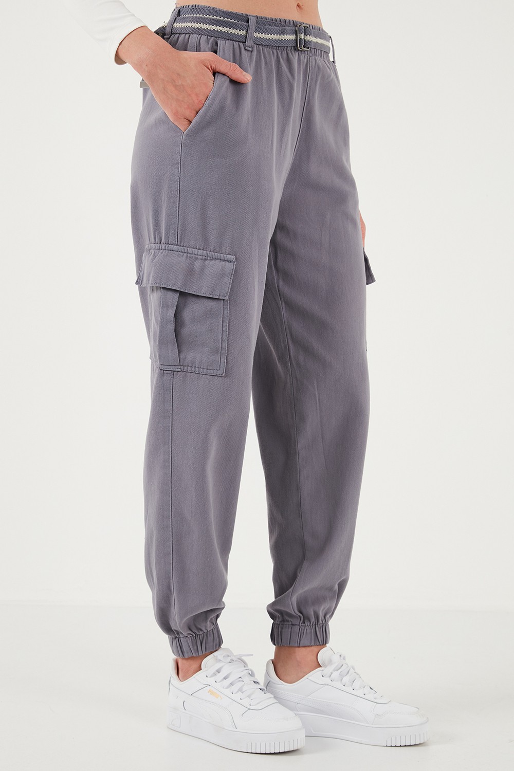 Lela Pamuklu Standart Fit Normal Bel Lastikli Paça Kemerli Jogger Pantolon Bayan Pantolon 668YP5045 görsel 8