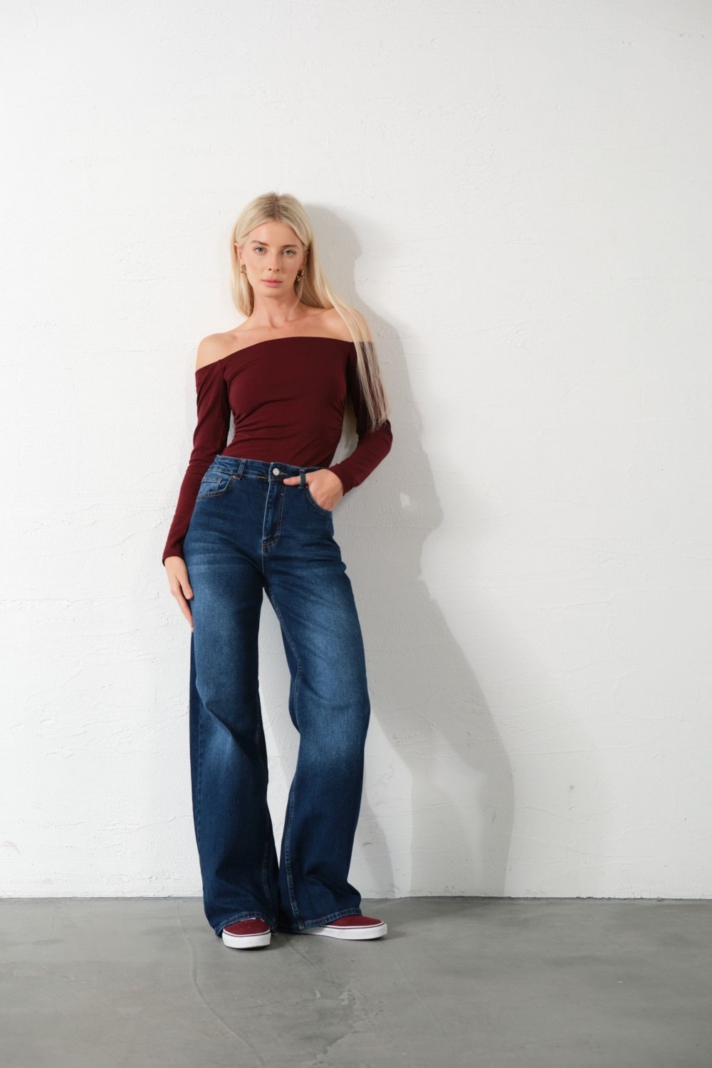 Domoda Üksek Bel, Esnek Denim Kumaş Geniş Paça Palazzo Kadın Kot Jean Pantolon @cesena görsel 2