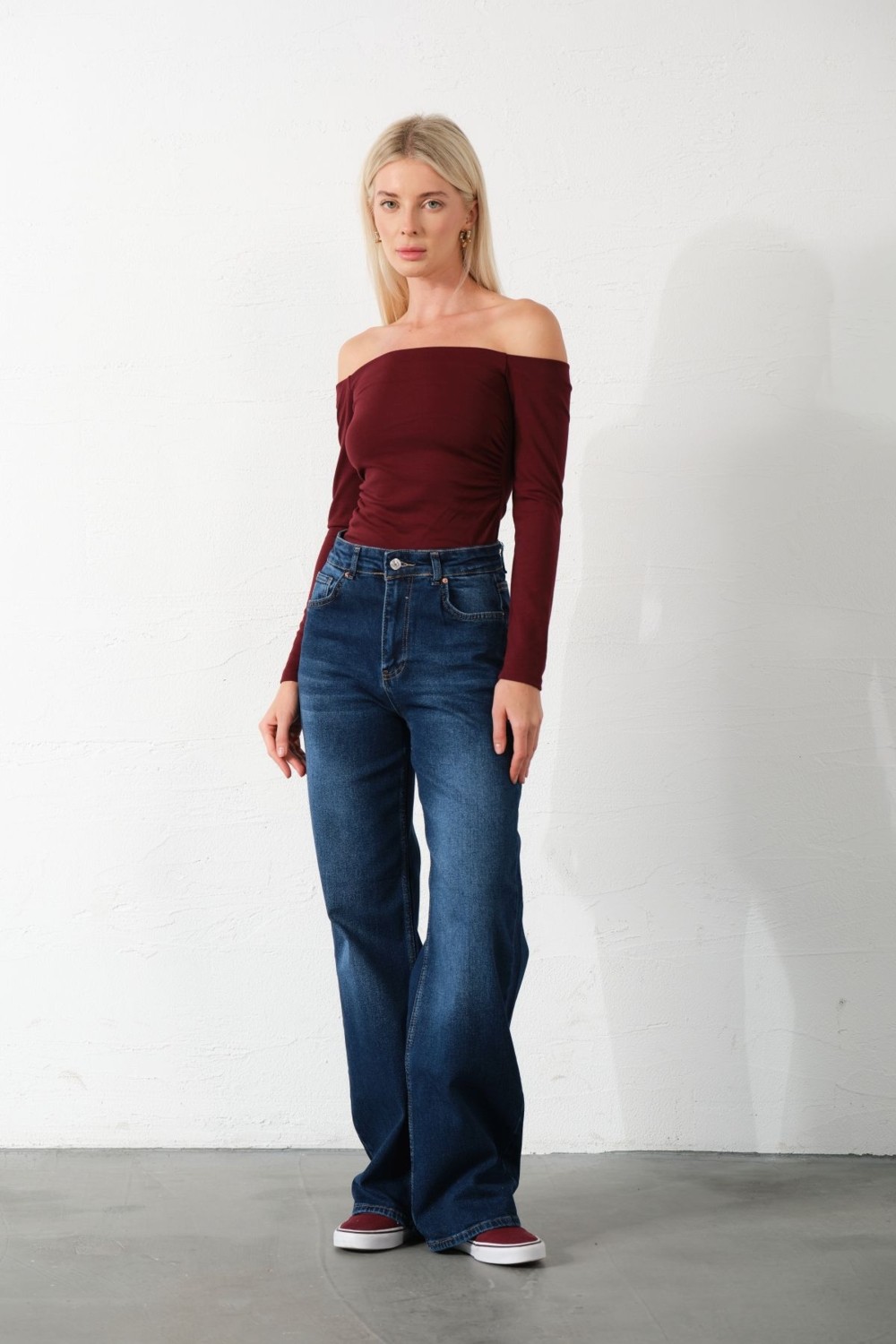 Domoda Üksek Bel, Esnek Denim Kumaş Geniş Paça Palazzo Kadın Kot Jean Pantolon @cesena görsel 3